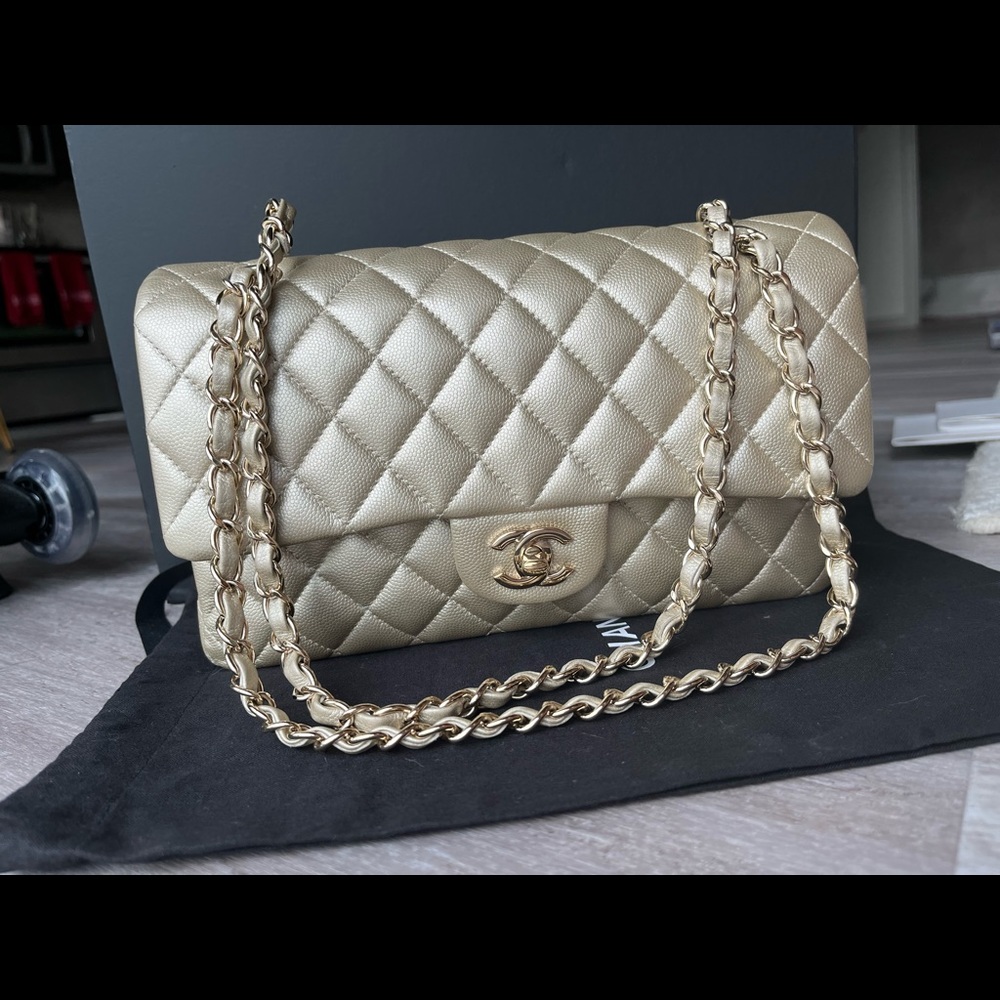 Metallic caviar quilted medium double flap gold